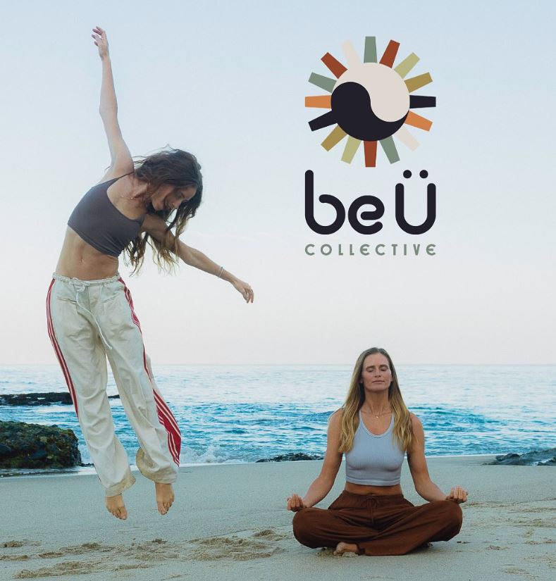 One person jumps with arms raised while another sits cross-legged meditating on a beach under the Full Moon, with the "beÜ Collective" logo above them.